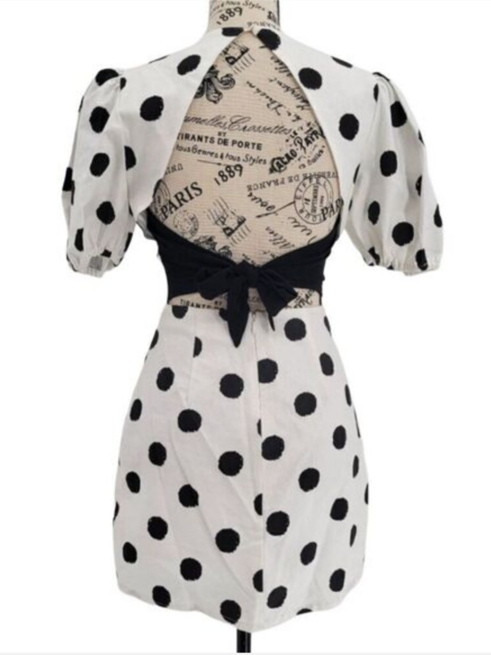Idem Ditto Women Black White Puff Sleeve Polka Dot Bow Back Mini Dress NWT Small